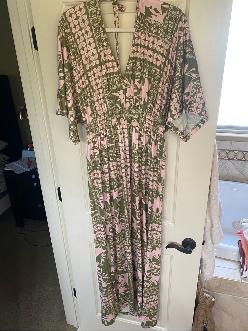 Pink and Olive Floral Kimono Maxi Dress - Picture 2 of 6